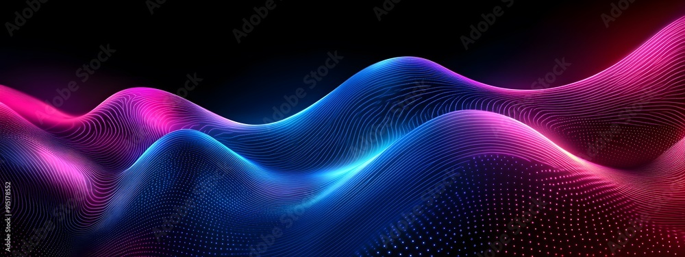Abstract background with neon glowing wavy lines on black, gradient ...