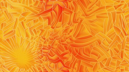 A geometric pattern of orange and yellow stained glass shapes creates a vibrant abstract background. The shapes are outlined in white, giving the illusion of depth and texture. The image evokes a sens