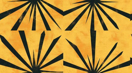 Poster - A seamless pattern featuring bold, black geometric shapes against a vibrant yellow background. The design incorporates radiating sunburst motifs, creating a dynamic and eye-catching effect. The textur