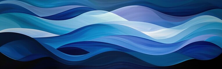 Poster - The image features an abstract painting with shades of blue, from deep indigo to light aqua. The waves are depicted as flowing, layered lines, creating an illusion of depth and movement. The white hig