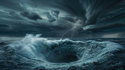 Icredible, huge whirlpool in ocean, sea bellow supercell with lightning and dust storm spinning in sky full of dark storm clouds