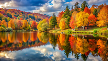 autumn in the mountainsautumn, lake, water, fall, landscape, trees, nature, tree, sky, forest, reflection, river, blue, park, pond, season, green, leaves, yellow, leaf, color, foliage, orange, colorfu