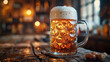 © Collorio - Frothy beer mug gleaming in cozy pub setting, showcasing golden lager with thick foam head. Concept of craft brewing, relaxation, and traditional drink culture.