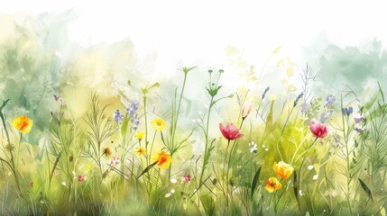 Poster - A watercolor painting of a meadow filled with wildflowers in various shades of yellow, red, and purple. The flowers are tall and slender, with their blooms reaching towards the sky. The background is 