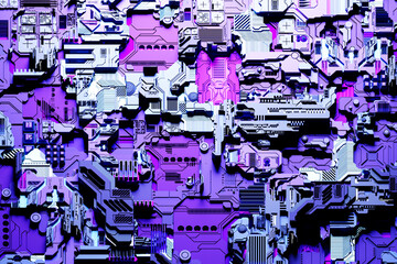 Poster - Detail of a futuristic  machine. 3D illustration of a futuristic wall made of various details. Cyberpunk background. Industrial wallpaper. Grunge details