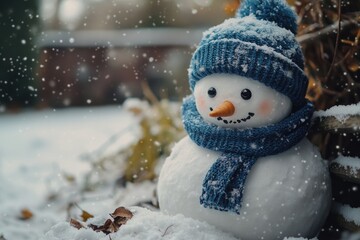 Wall Mural - snowman with blue hat and scarf