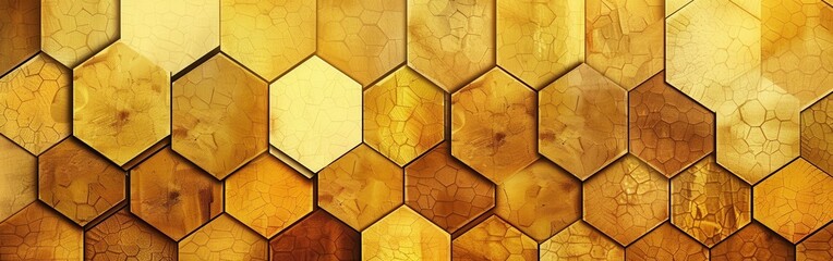 Poster - A close-up view of a textured wall covered in golden hexagon-shaped tiles. The tiles have a distressed, cracked finish, creating a dynamic and eye-catching pattern.