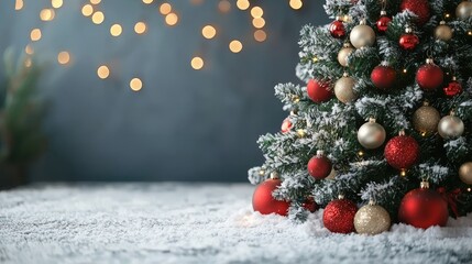 Poster - A Christmas tree with red and gold decorations stands in a warmly lit room, creating a festive atmosphere surrounded by soft snow