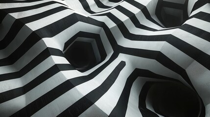 Poster - A textured surface features alternating black and white stripes, creating a dynamic effect with hexagonal openings set against a well-lit background