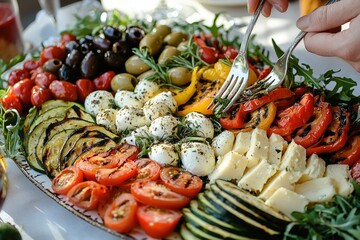 Sticker - A person serves olive, mozzarella, and grilled vegetables on a large platter during a sunny outdoor event