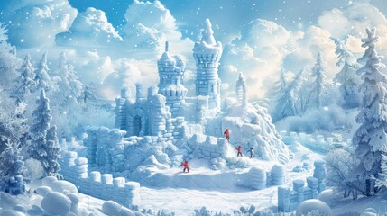 Aufkleber - A snowy winter scene with an ice castle in the foreground and several small figures walking around it. The ice castle has tall towers and intricate details, and it is surrounded by snow-covered trees.