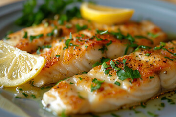 Wall Mural - Grilled fish fillets garnished with lemon and herbs