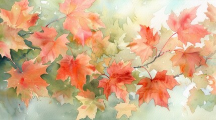 Poster - A watercolor painting depicting a cluster of maple leaves in various shades of red, orange, and yellow. The leaves are backlit by sunlight, creating a soft, ethereal glow. Some leaves are still partia