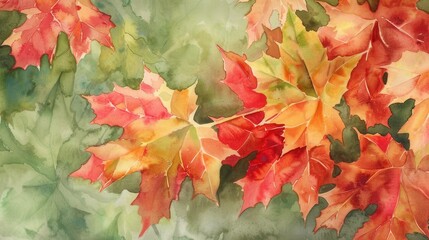 Poster - A watercolor painting depicts a close-up of colorful leaves in shades of red, orange, and yellow. The leaves appear to be maple leaves, painted in a realistic style with visible veins and texture. The