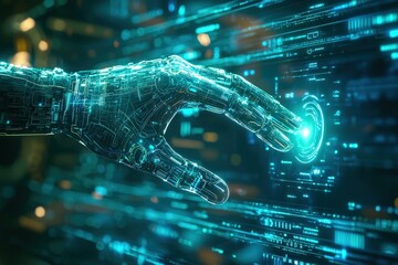 Poster - A robotic hand reaches out to touch a luminous digital interface, showcasing advanced technology in a futuristic setting