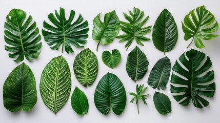 Aufkleber - Fresh tropical leaves of different shapes and sizes are meticulously arranged on a light background, showcasing their rich green colors and textures