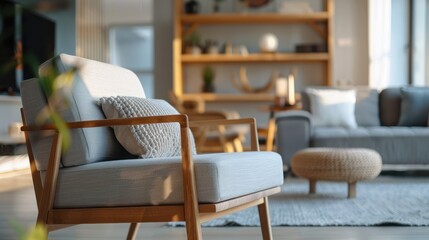 Wall Mural - Stylish living room interior with cozy grey sofa and wooden armchair, blurred background