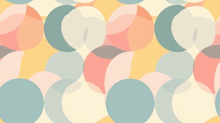 Poster - A seamless repeating pattern of overlapping circles in pastel shades of yellow, blue, pink, and beige. The circles are arranged in a random, organic pattern, creating a soft and playful effect.