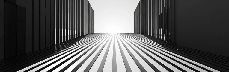 Aufkleber - A black and white photograph captures a perspective of a pathway made up of alternating black and white stripes. The pathway leads towards a bright light emanating from the end of the path, possibly a