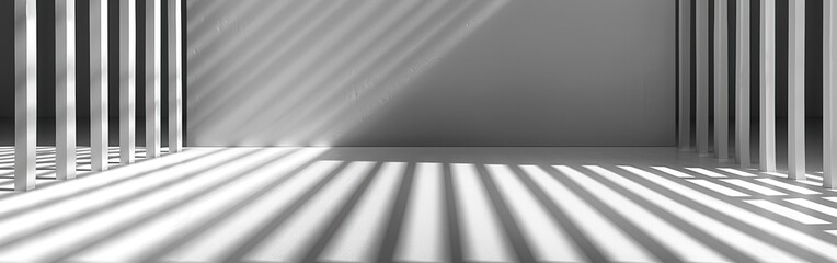 Poster - sunlight shines through a white slatted fence, casting long, parallel lines of shadow onto a white s