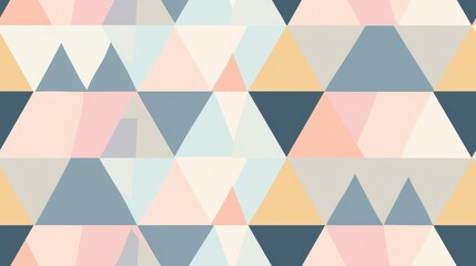 Poster - A seamless pattern of overlapping triangles in shades of pink, blue, and yellow. The triangles are arranged in a repeating pattern, creating a modern and abstract design.