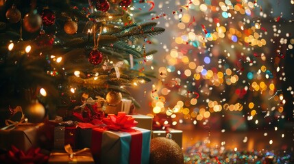 Aufkleber - A decorated Christmas tree with string lights and ornaments stands beside presents wrapped in colorful paper and ribbons. Confetti falls from the ceiling, with a blurred background of Christmas lights