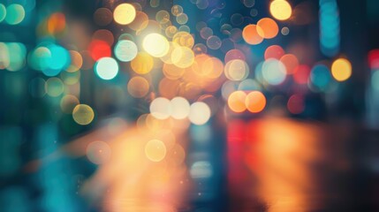 Poster - A blurred photograph of city lights at night, taken from a car window. The lights create a colorful and dynamic abstract pattern, with a variety of colors including blue, yellow, red, and orange. The 