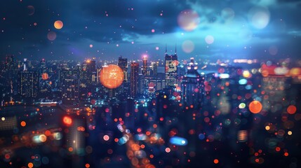 Aufkleber - A high-angle view of a city skyline at night, with the buildings illuminated by streetlights and car headlights. The lights create a blurry, bokeh effect, adding a dreamy, romantic quality to the scen