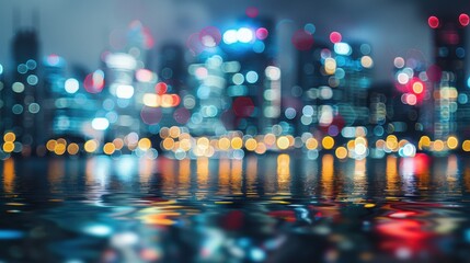 Poster - The image shows a blurry cityscape at night. The lights of the city are reflected in the water below, creating a shimmering effect. The cityscape is out of focus, with the lights appearing as circles 
