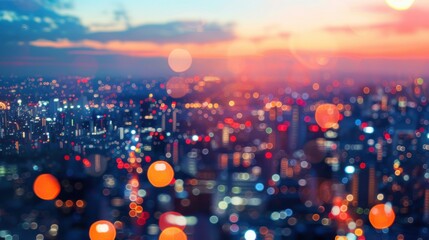 Poster - A panoramic view of a city at sunset, with the lights blurred into colorful orbs creating a bokeh effect. The sky is a mix of pink, orange, and blue, with clouds reflecting the warm light. The city be