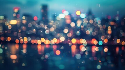 Poster - A blurry, abstract image of a city skyline at night, with out-of-focus lights reflecting on the water. The scene is dominated by colorful bokeh circles of various sizes, creating a sense of movement a