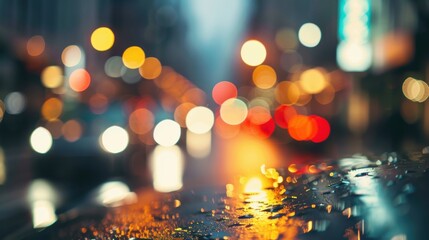 Aufkleber - A close-up shot of wet pavement reflecting the blurred lights of a city at night. Raindrops glisten on the surface, creating a captivating interplay of light and water.