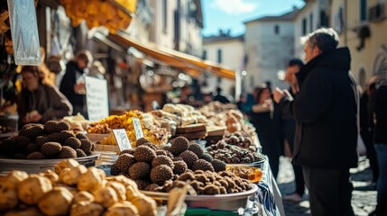 visitors explore a bustling market at the white truffle festival, enjoying a variety of truffles, lo