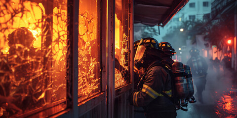 A group of firefighters bravely battle a raging fire, their figures silhouetted against the intense flames engulfing the building. 