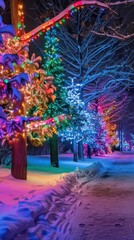 Aufkleber - A snowy path illuminated by colorful Christmas lights runs through a row of trees, each festooned with twinkling bulbs. The light casts a vibrant glow on the snow, creating a magical winter scene.