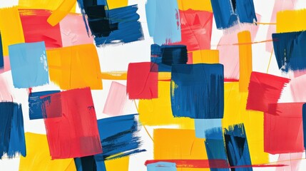 Poster - An abstract painting featuring bold, overlapping brushstrokes in vibrant colors. The composition features yellow, red, blue, and pink hues against a white background, creating a dynamic and energetic 