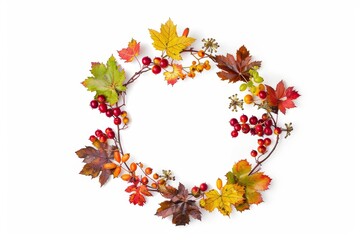 Wall Mural - wreath of fall leaves and berries on white background