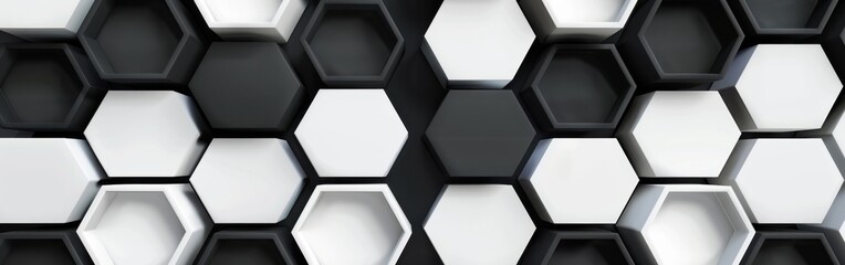 Poster - A close-up image of a repeating pattern of black and white hexagons. The hexagons are arranged in a honeycomb pattern, with the black hexagons recessed into the white hexagons. The image creates a sen