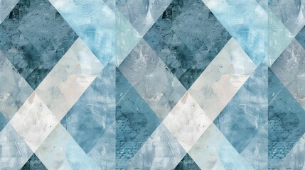 Fototapete - This image features a seamless pattern composed of geometric shapes, primarily in shades of blue and white. The shapes are arranged in a diagonal pattern, creating a sense of movement and depth. The c