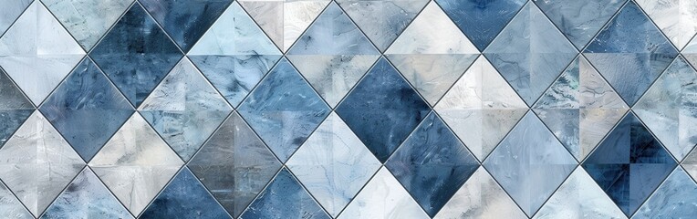 Poster - A close-up view of a diamond-shaped tile pattern in shades of blue and white. The tiles are arranged in a repeating pattern, creating a visually interesting and textured surface.