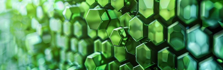 Poster - A close-up shot of a three-dimensional abstract background with a repeating pattern of green hexagons, creating a mesmerizing and complex texture.