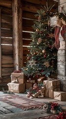 Poster - A decorated Christmas tree with lights and ornaments stands in a rustic cabin interior. Gifts wrapped in brown paper are scattered on the floor, and a red and white plaid stocking hangs on the wall be