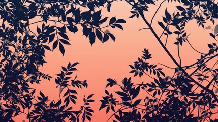 Poster - Silhouettes of tree branches and leaves are outlined against a vibrant pink sunset sky. The sky fades from a deeper pink to a lighter orange, creating a gradient effect. The silhouette of the branches