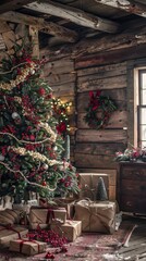 Aufkleber - A decorated Christmas tree stands tall in a rustic log cabin, surrounded by wrapped presents and a cozy, inviting atmosphere. The room is filled with the warmth of Christmas lights and the spirit of t