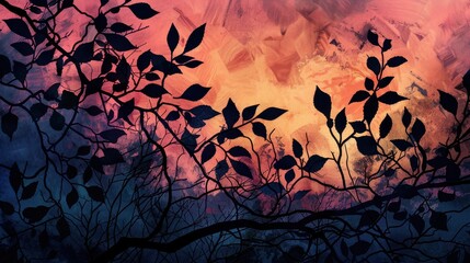 Poster - A silhouette of tree branches with leaves against a colorful sunset sky. The branches are dark and the leaves are black, creating a stark contrast against the vibrant colors of the sky. The sunset sky