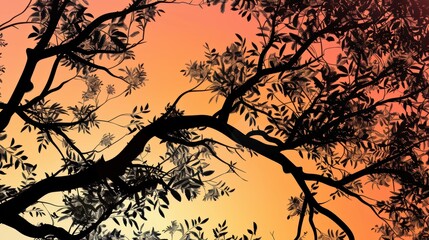 Wall Mural - The image shows the silhouette of tree branches against a vibrant sunset sky. The branches are thick and gnarled, with many leaves silhouetted against the bright orange and yellow hues of the sky. The