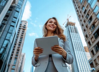 happy businesswoman holding tablet and taking notes, wearing grey suit, background blue sky with tall buildings in distance, low angle shot