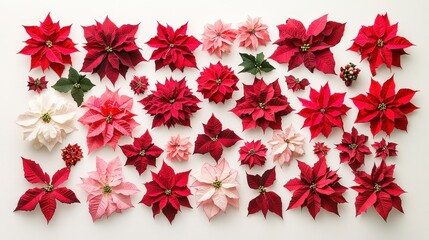 Canvas Print - A vibrant assortment of red, pink, and white poinsettia flowers is carefully arranged against a clean white background