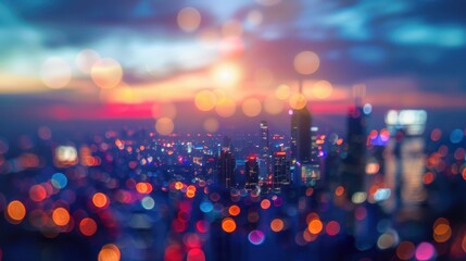 Poster - A city skyline is captured at dusk, with a blurred foreground of twinkling lights and a vibrant sky filled with orange and blue hues. The cityscape is out of focus, creating a soft, dreamy aesthetic.
