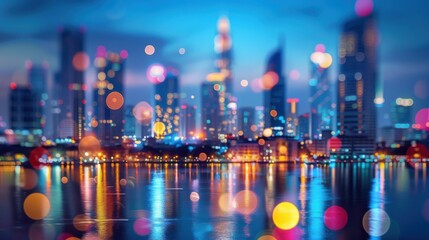 Poster - The image shows a nighttime cityscape with tall buildings illuminated by lights. The buildings are blurred and out of focus, creating a bokeh effect. The water in the foreground reflects the city ligh